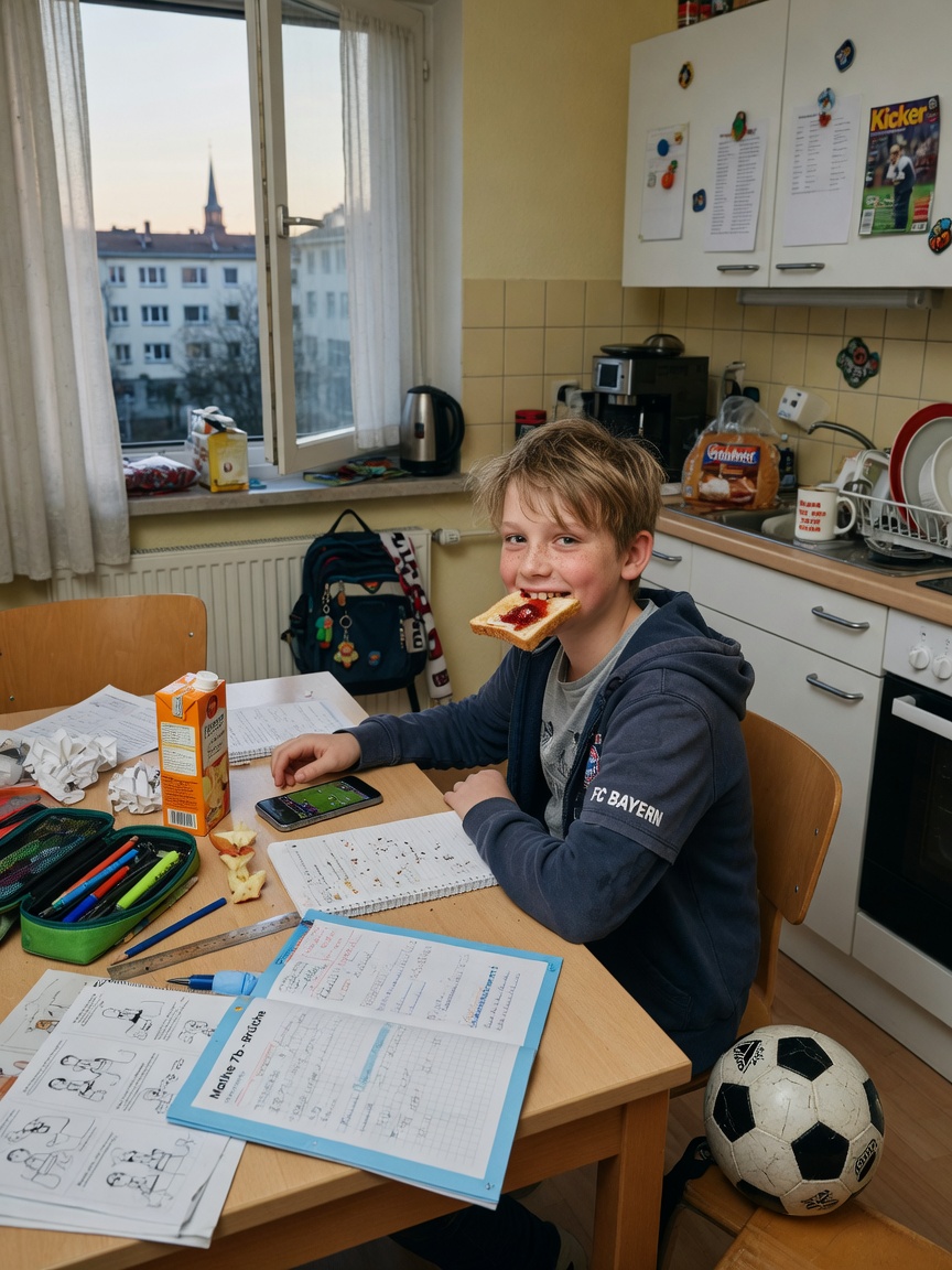 Junge bei den Hausaufgaben am Küchentisch