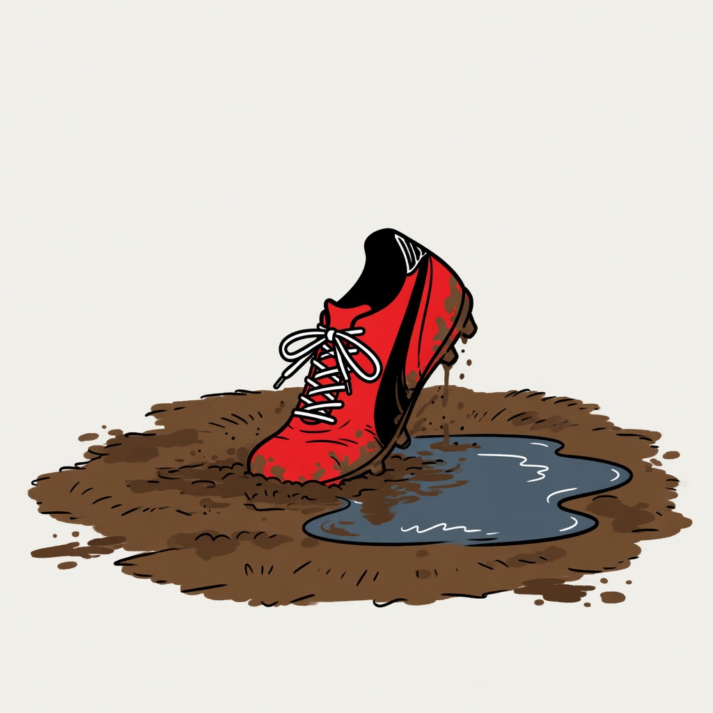 Ein Fußballschuh im Matsch